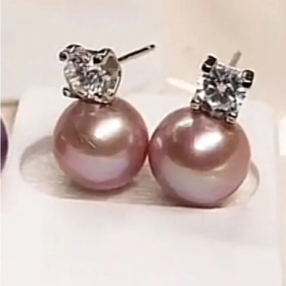 PINK 9mm Natural Freshwater Pearl 925 Silver Mounting Stud Earrings With CZ - Picture 5 of 13